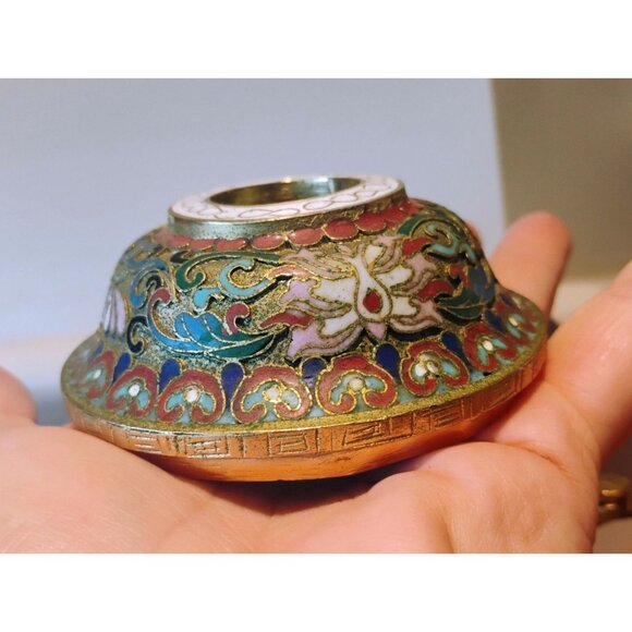 Vtg Large Chinese Cloisonné Brass Incense Burner Wood Stand Champleve Enamel - Picture 6 of 16